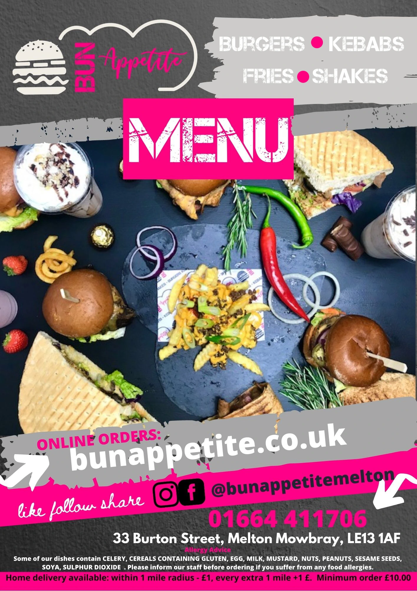 Bun Appetite menu leaflet cover featuring food photography