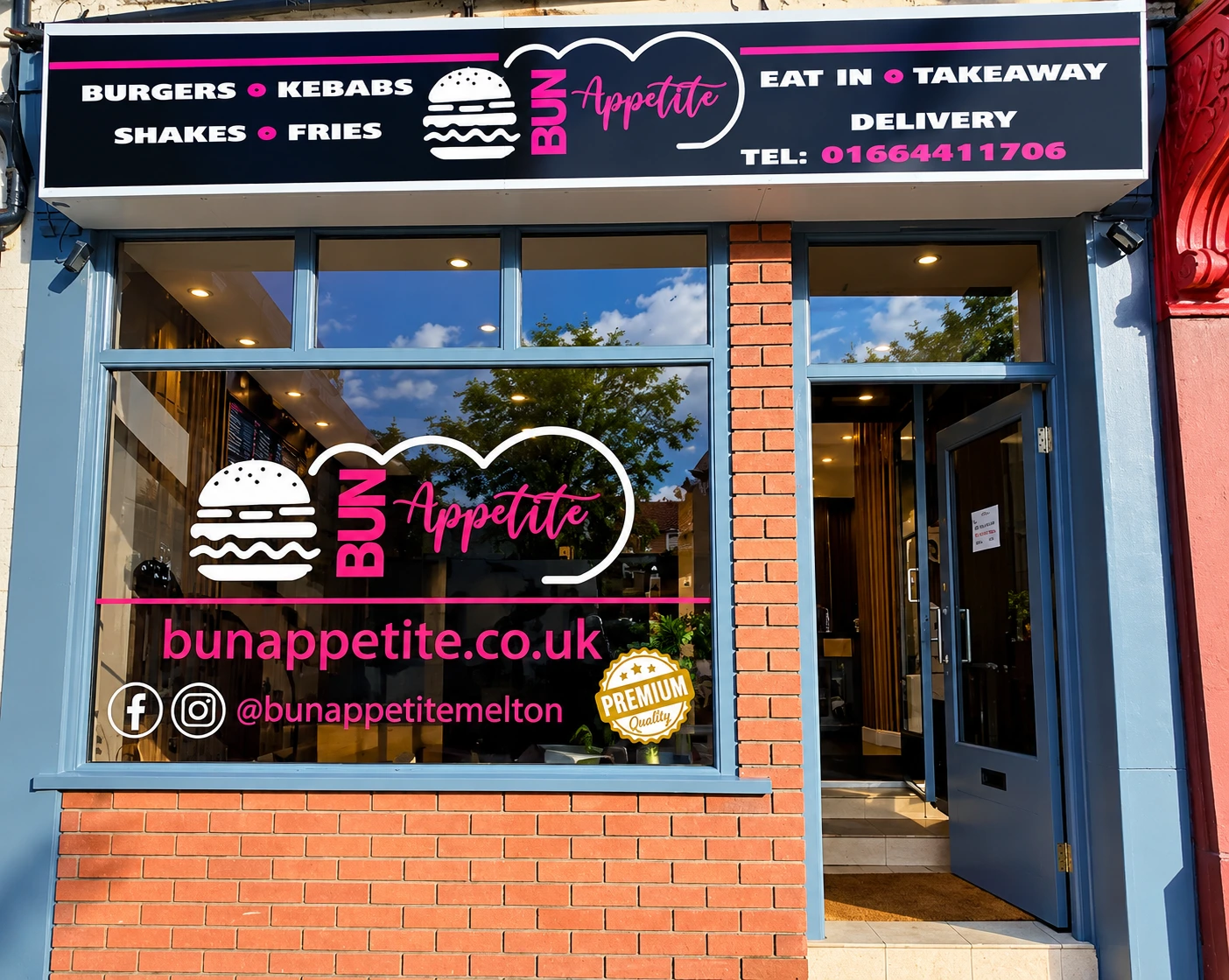 Bun Appetite shopfront with branded fascia and window graphics