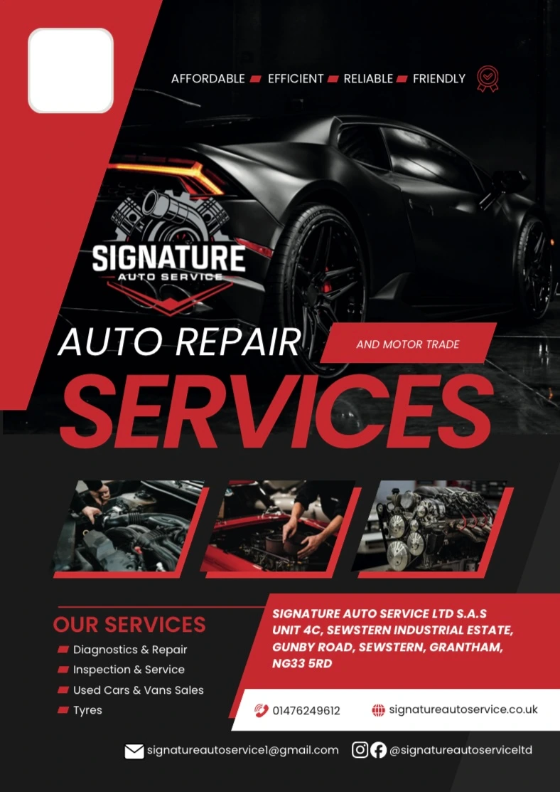 Signature Auto Service red-and-black auto repair services leaflet